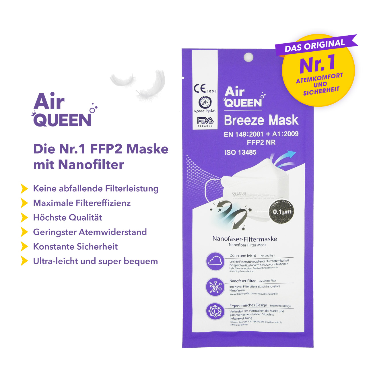 AirQueen FFP2 Maske | das Original | 30 Stück | mit Nano Filter